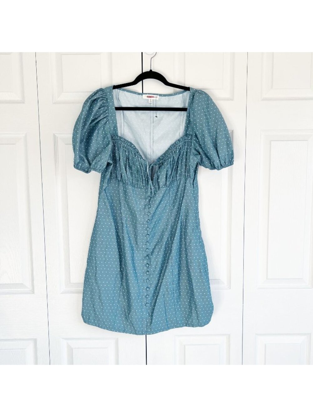 Eggie Blue Polka Dot Sweetheart Button Front Dress Women's Size Large L